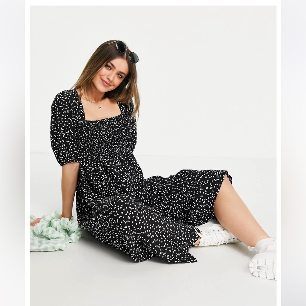 ASOS Lola May Ditsy Heart Smocked Puff Balloon Sleeve Dress Black White Size 14
